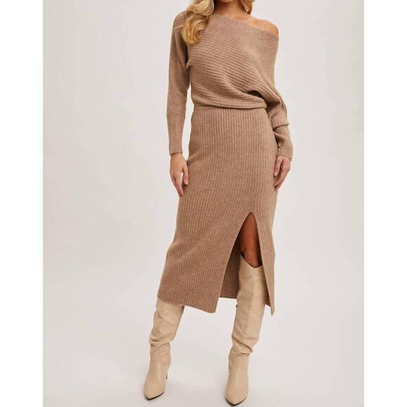 BLUIVY Dresses & Skirts - NEW BLUIVY one shoulder off side slit midi knit sweater dress in latte